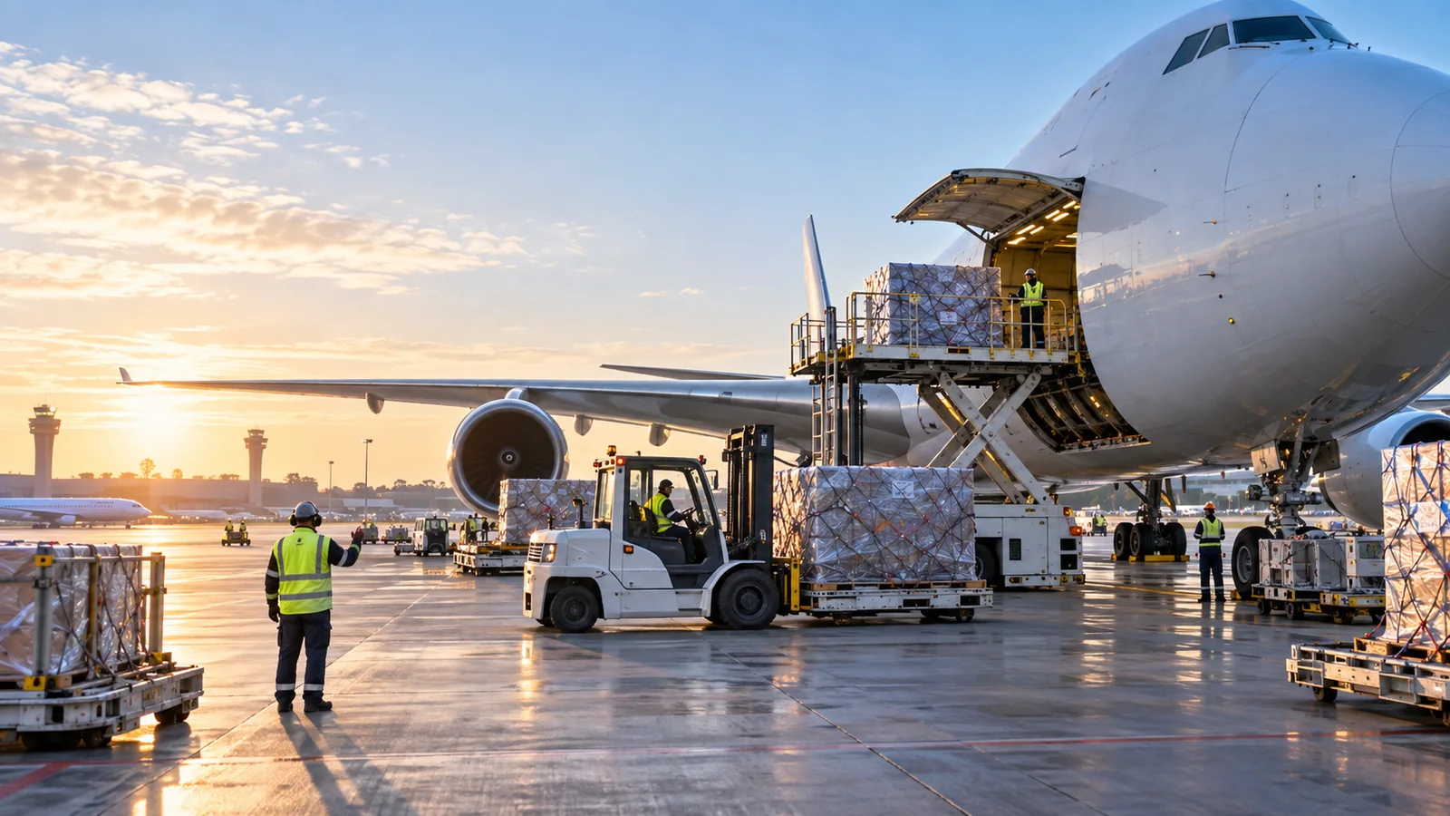 Air cargo aircraft being loaded with palletized freight at an airport
